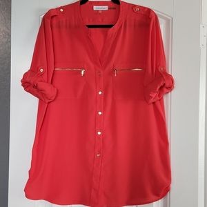 Calvin Klein Button Up Zip Detail Rolled Sleeve Blouse NWOT